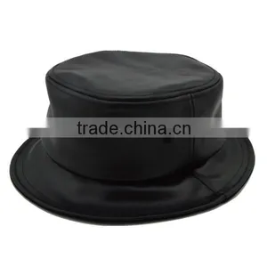 Short Brim Designer Wholesale Black Leather Blank Bucket Hat thumbnail-2
