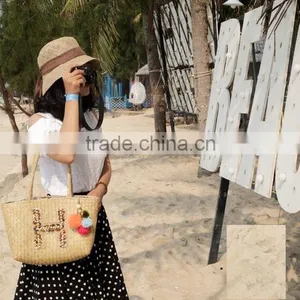 Long Handle, Tote Straw Beach Bag, Pompom Beach Bag thumbnail-2