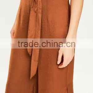Wholesale Ladies Brown Tie Waist Wide Leg Split Side Pants Women Wide Leg Satin Pants thumbnail-4