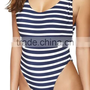 Ladies White and Blue Stripe Cut Out Back One-piece Swimwear thumbnail-2
