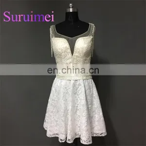 2017 Free Shipping Short Prom Dresses With Pearls Scalloped Neck Formal Evening Gowns Robe de Soiree thumbnail-1