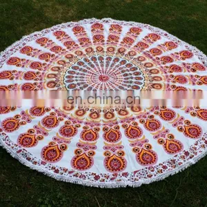 72" Indian Mandala Hippie Orange Mandala Round Roundie Tapestries Hippy Boho Gypsy Round Beach Throw Yoga Mat Pom Pom thumbnail-1