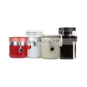 Airtight High Quality Kitchenware Airtight Vacuum Kitchen Ceramic Condiment Food Coffee Storage Jar Canister Set With Lid Spoon thumbnail-1