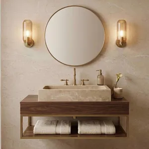 Travertine Marble Easy Clean Rectangular Countertop Vessel Sink Factory Direct Wholesale Hand Wash Basin OEM ODM for Hotel thumbnail-3