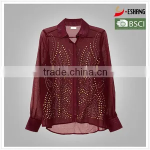 Ladies Hot Drilling Long Sleeve Burgundy Shirt thumbnail-1