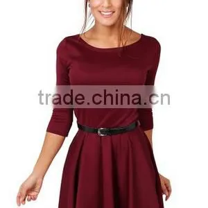 Womens 3/4 Sleeve Belted Flare Skater Dress Pleated Slimming Mini Tunic thumbnail-3