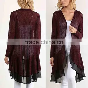 Stylish Girls Women Fashion Burgundy Layered Open Cardigan With Ruffle Hem Polyester Rayon Spandex Cardigan Wholesale thumbnail-1