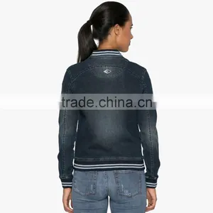Blue Washed Women Plain Baseball Jacket Outdoor With Zipper Wholesale thumbnail-3