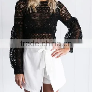 Runwaylover 118 Ladies 2017 Fashion Puff Sleeve Lace Transparent Blouse thumbnail-5