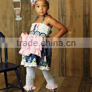 Newest Summer Persnickety Remake Girls Boutique Outfit Children Floral Ruffle Princess Dress and Stripe Capris Set thumbnail-1