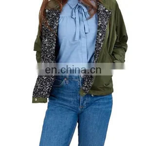 Factory OEM Green Lightweight Ladies Bomer Jacket In Printed Lining thumbnail-4