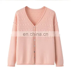 Wholesale Autumn Women's Casual Jacquard Knit Cardigan V-Neck Single Breast With Button Decoration OEM Service Available thumbnail-6