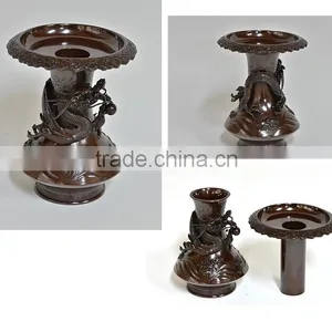 Japanese and High Quality Dragon and Bamboo Design Vase , Incense Burner , and Candlestick Holder Set Made in Japan thumbnail-3