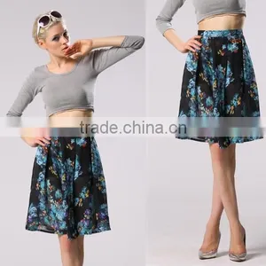Stylish Lady Sexy Women's Fashion Knee-length Floral Printed Pleated Skirt thumbnail-1