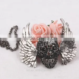 Hiphop Jewelry Halloween Necklace Punk Skull Pendant With Wings Sweater Chain Black Chrome Plated 2015 New Made in China Yiwu thumbnail-2