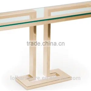 Golden Polished Stainless Steel Base Glass Console Table thumbnail-1