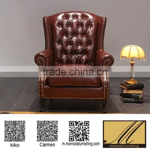 Antique Chesterfield Living Room Bedroom Furniture Brown Leather Leisure Chair Luxury Coffee Shop Signle Sofa Wing Chair thumbnail-1