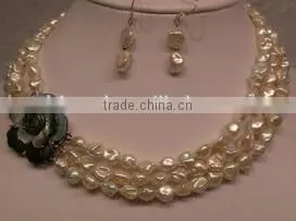 Wholesale 3 Rows 17-19" 8-9mm White Keshi Pearls Necklace & Earring thumbnail-1