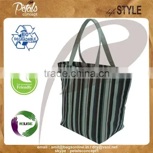 New Design Cotton Canvas Tote Bag With Open Hanging Pocket - Multicolor Allover Stripe Print - Hot Print Bags thumbnail-1