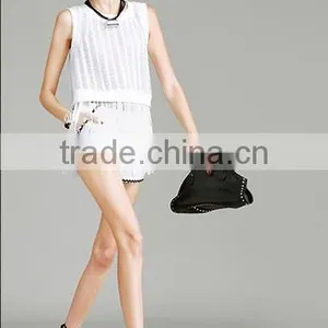 The New Model Pure Color Gauze Sleeveless Bottom Macrame t Shirt Easing Latest Shirt Designs for Women thumbnail-2