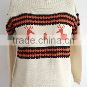 Fashion Girl Crew Neck Chirtmas Sweater With Deer Knitting Pattern thumbnail-1