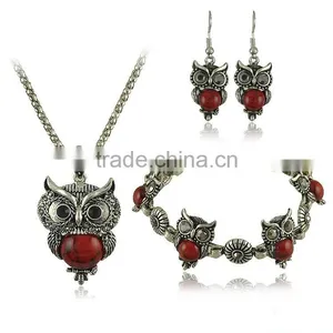 Top Green Red Blue Turquoise CZ Owl Necklace Bracelet Earrings Vintage Silver Jewelry Set thumbnail-2