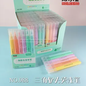 Factory Price 6 Color Pastel Color Fluorescent Soft Fiber Tip Highlighter Triangle Shape Barrel Marker Watercolor Pen thumbnail-5
