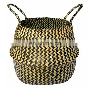 HBK Handmade Foldable Nature Plant Toys Kid Flower Seagrass Laundry Belly Basket With Handle thumbnail-1