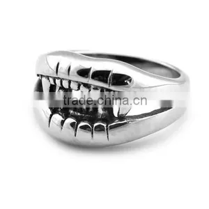 Men's Titanium Steel Shark Tooth Skull Hell Demon Mouth Goth Emo Punk Ring thumbnail-1