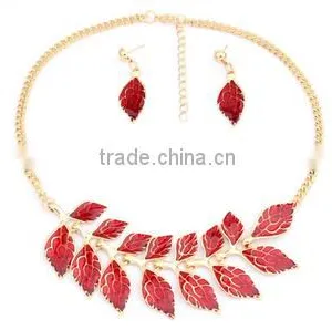 2015 Latest Alloy Leaves Colored Stone Necklace Set Personality Jewelry Set thumbnail-3