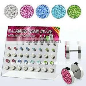 Display With 40 Pcs of Multi Crystal Surgical Steel Fake Plugs With Plain Flat Back thumbnail-1