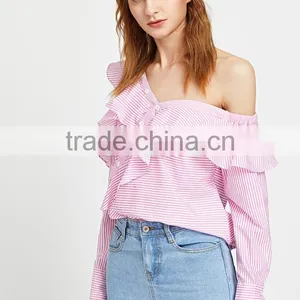 2017 New Blouse Neck Designs Pink Stripe Women Shirt LC8294 thumbnail-3