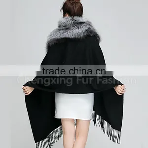 CX-B-P-53A Women Luxury Fox Fur Trim Pashmina Shawl thumbnail-3