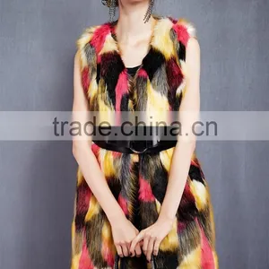2016 Europe New Design Colourful Warm and Soft Faux Fox Fur Long Coat Faux Fur Overcoat Without Sleeves thumbnail-2