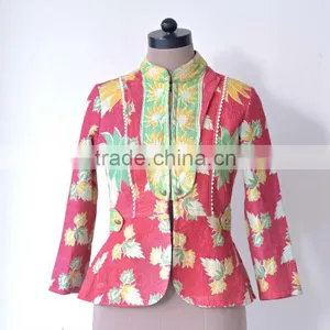 Handmade Vintage Kantha Boho Jacket in One of a Kind Fuschia & Green Print ~ Small thumbnail-1