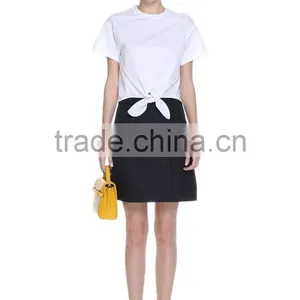 Ladies White Shoulder Snap Button Short Sleeve Woven t Shirt With Front Bow thumbnail-1