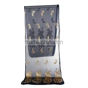 Imitation Silk Scarves & Wraps Rectangle Golden Black Peacock Scarf Women thumbnail-1