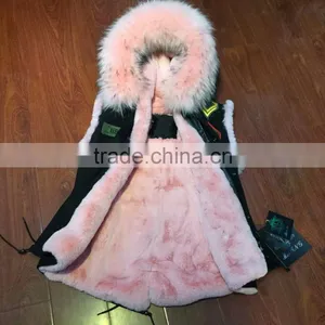 Wholesale Black Vest Fur Parka,Short Pink Fur Lined With Real Raccoon Dog Hood thumbnail-4