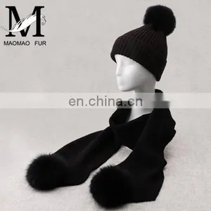 Winter Wool Knitted Beanies Scarf Fox Fur Pompom Knitted Hat Wool thumbnail-1