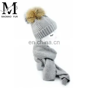 Factory Direct Wool Knitted Scarf Women Fur Pompom Winter Hat And Scarf Set thumbnail-3