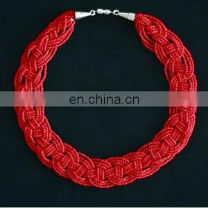 BEAUTIFUL RED MULTI-STRAND BRAIDED SEED BEAD NECKLACE thumbnail-1
