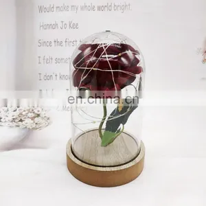 Red Rose And Copper Wire String Light In Flower Glass Dome Cover With Wood Base For Valentine's Day Wedding Decoration thumbnail-5