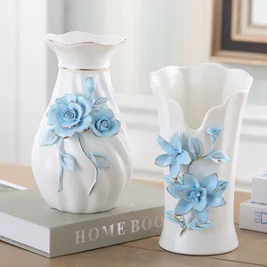 Blue Pink White Hand Made Flower Pattern Ceramic Vase Livingroom Decoration For Wedding Gift thumbnail-4