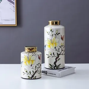 Chinese New Style Entery Luxury Yellow Butterfly And Flower Painting Ceramic Vases With Lid For Home Decoration thumbnail-5