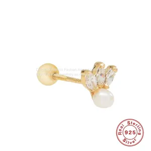 S925 Sterling Silver Triple CZ Marquise Pearl Earrings for Girls thumbnail-1