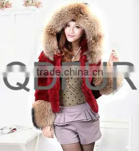 QD21774 Fashion Fur Coat Wholesale/Retail Jacket Rabbit Fur Coats With Roccoon Dog Trim 2013 thumbnail-1