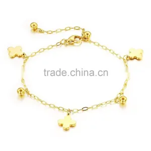 Lucky 18K Gold Plated Stainless Steel Four Leaf Charm Anklet Ankle Bracelet thumbnail-1