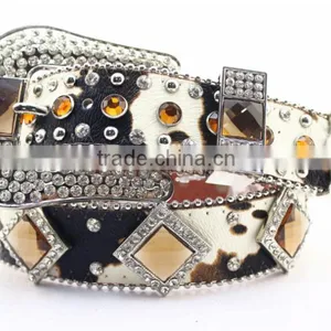 Western Cow Print Leather Brown Concho Studded Cowgirl Crystal Belt thumbnail-2
