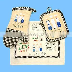 3 Pcs Pigment Print Cotton Cooking Kitchen Oven Mitten Set thumbnail-2
