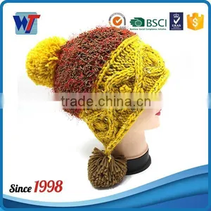 2016 New Design Knit Pattern Ear Flaps Knitting Hat With Pom Pom thumbnail-2